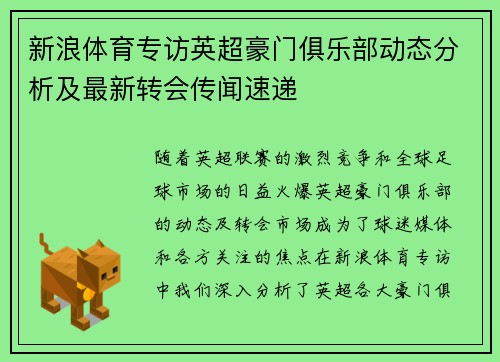 新浪体育专访英超豪门俱乐部动态分析及最新转会传闻速递