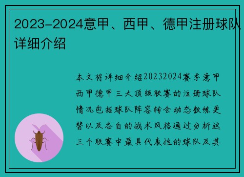 2023-2024意甲、西甲、德甲注册球队详细介绍