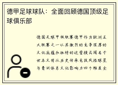 德甲足球球队：全面回顾德国顶级足球俱乐部