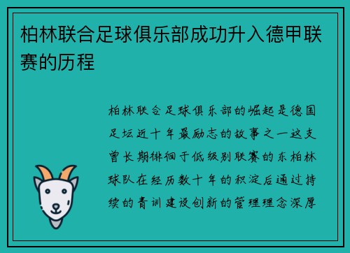 柏林联合足球俱乐部成功升入德甲联赛的历程