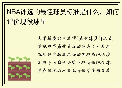 NBA评选的最佳球员标准是什么，如何评价现役球星